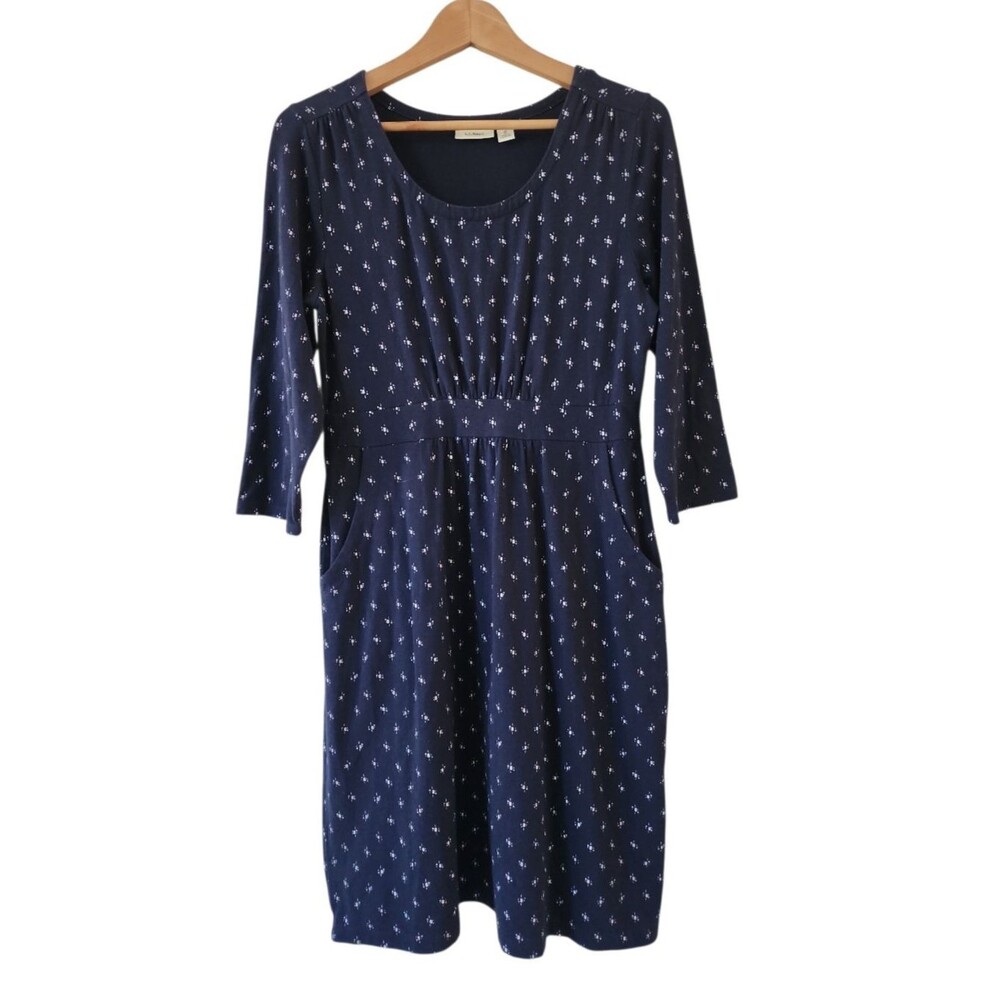 LL Bean Summer Knit Dress Women's Medium Navy Blue 3/4 Sleeve Scoopneck Pockets